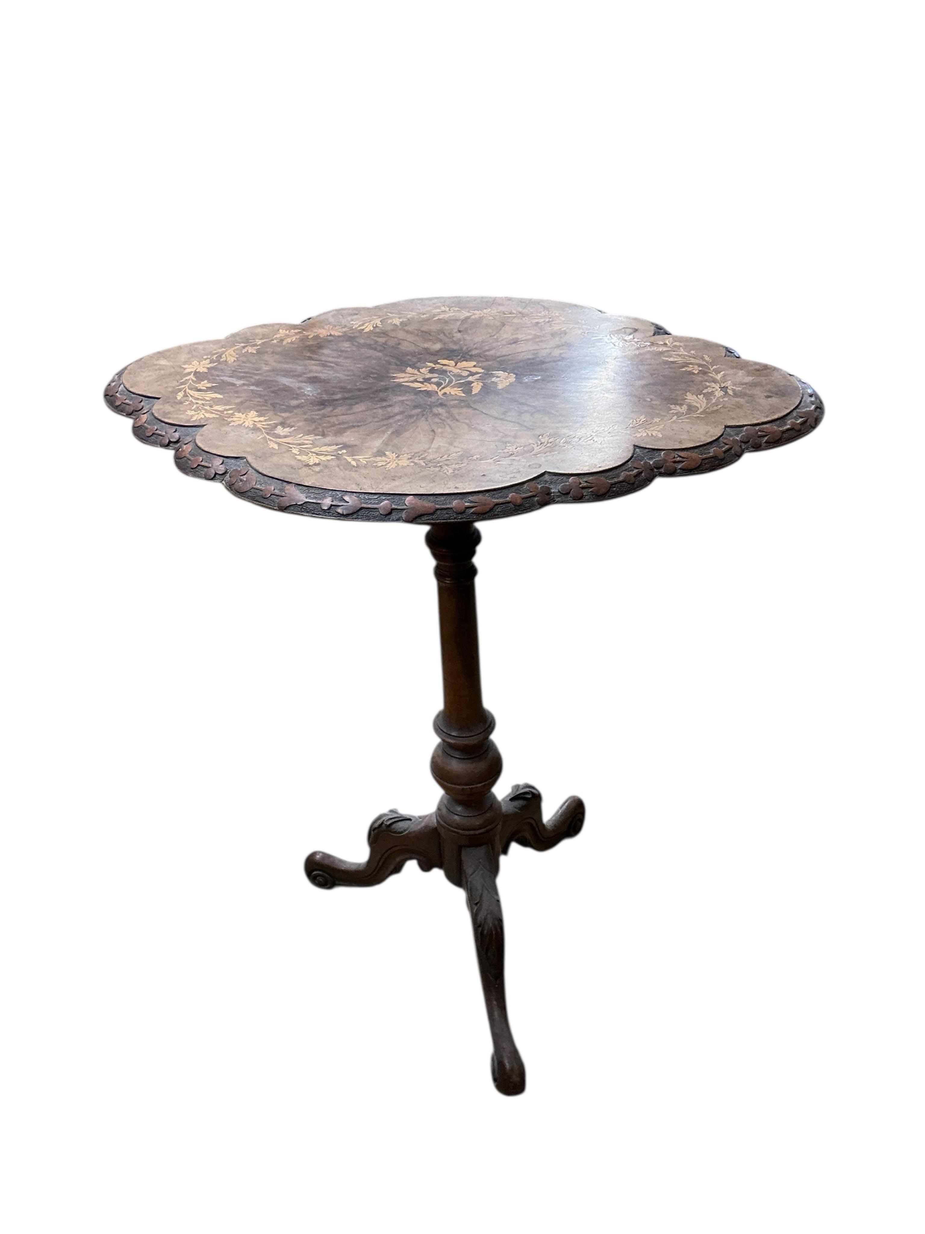 A Victorian marquetry inlaid oval walnut tripod wine table, width 62cm, depth 47cm, height 73cm